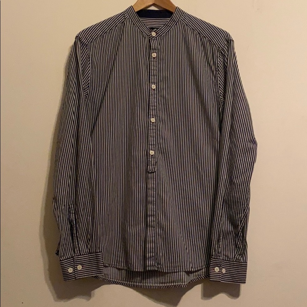 H&M Navy Blue Pin Striped Collarless Buttondown M